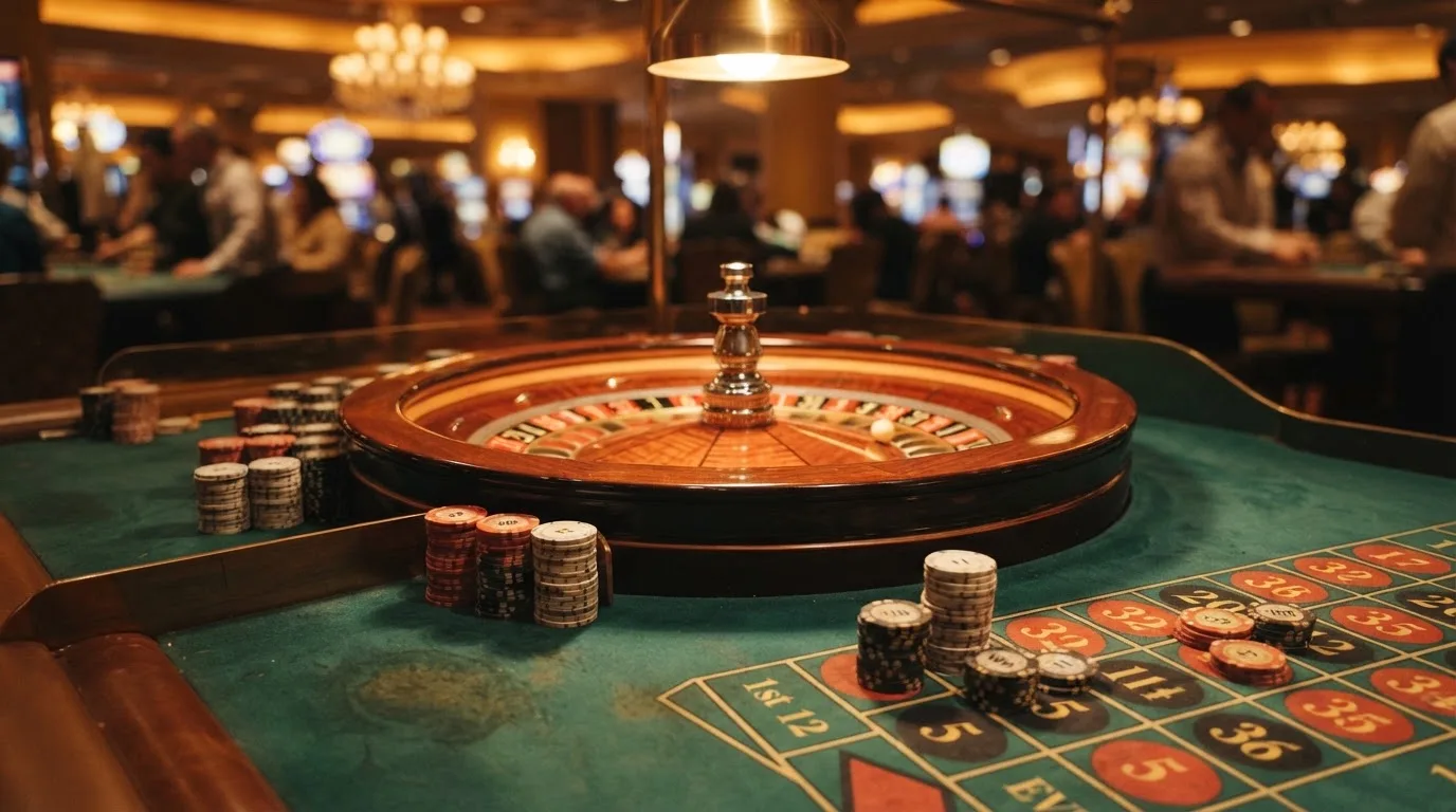 Roulettehjul og spillemærker på grønt filt i varmt aftenlys — anmeldelser af casinoer