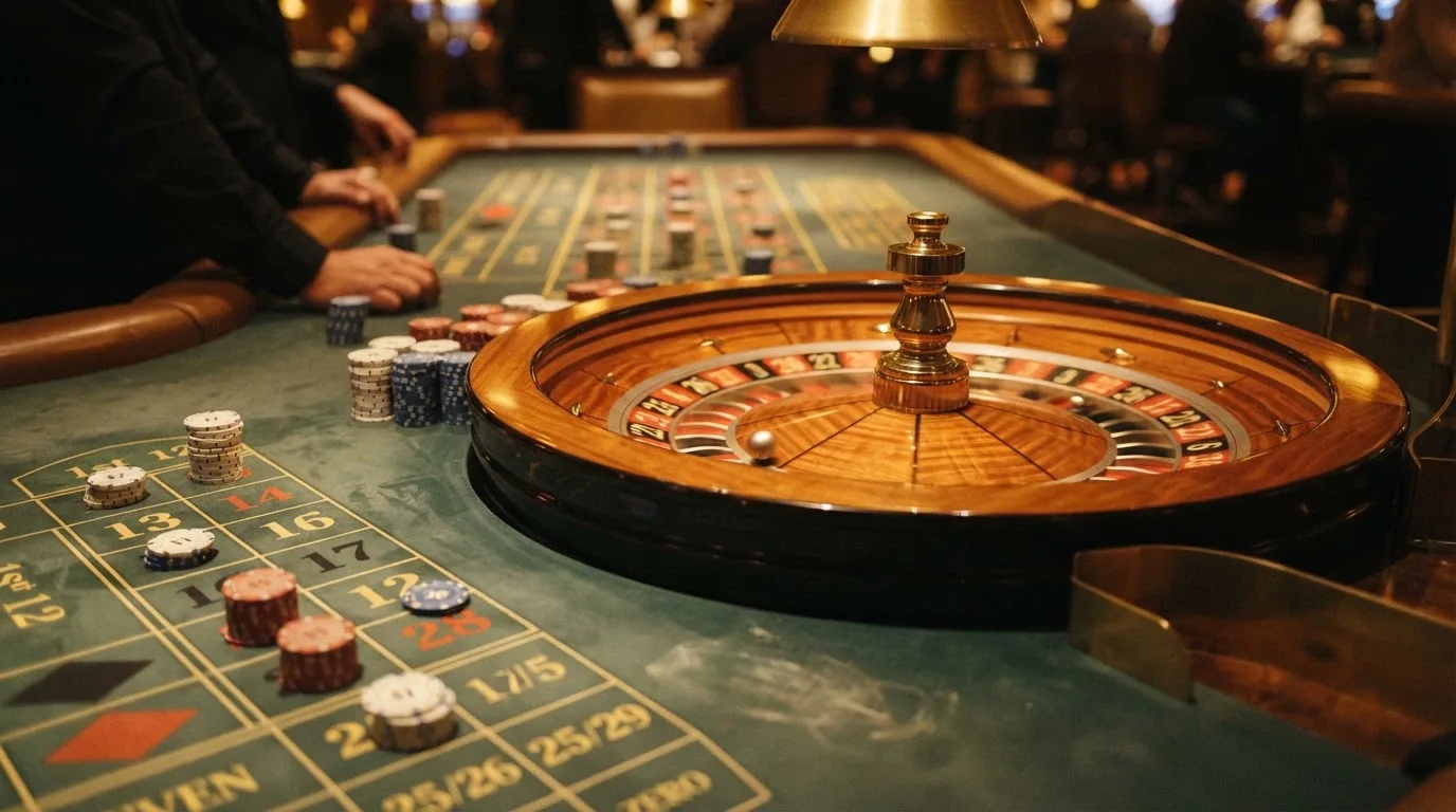 Roulettehjul og spillemærker på grønt filt i varmt aftenlys — bedste blackjack casinoer