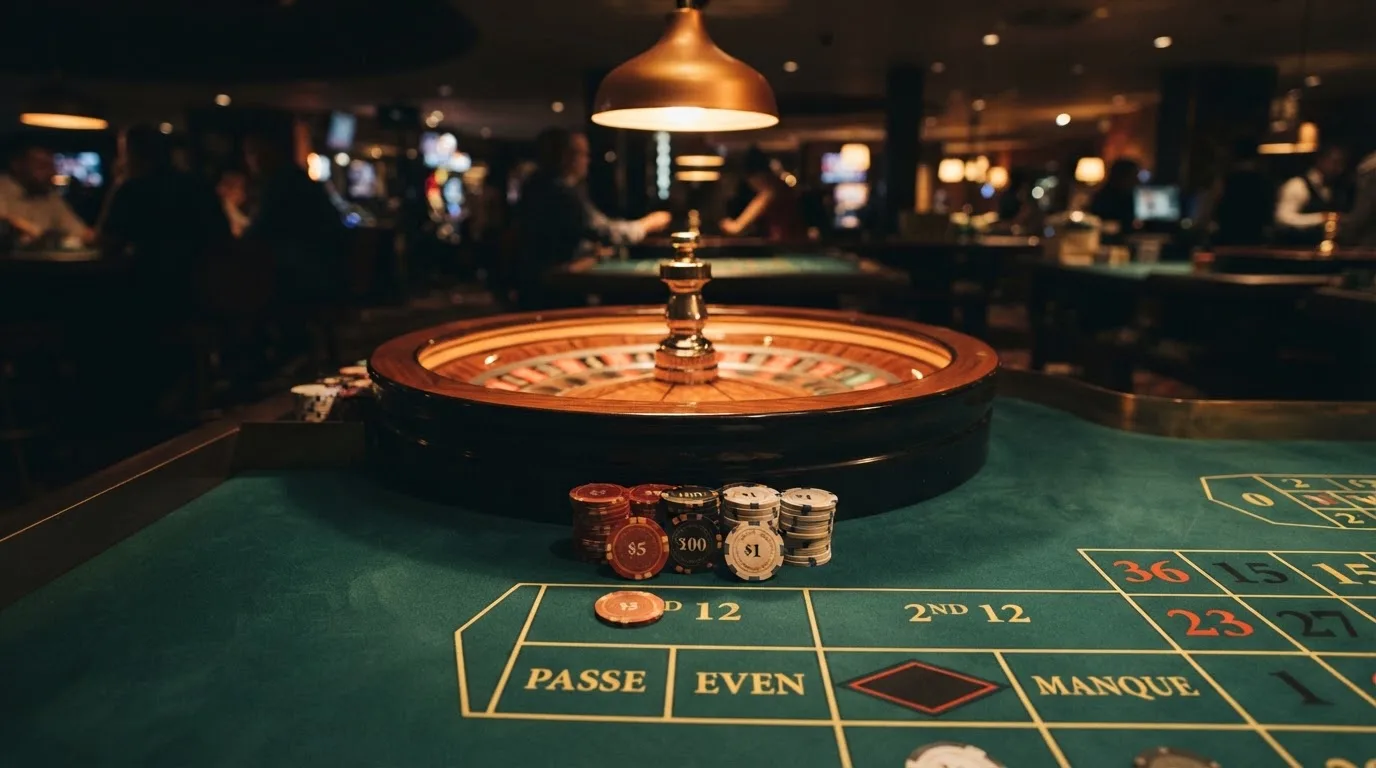 Roulettehjul og spillemærker på grønt filt i varmt aftenlys — bedste danske casino bonusser