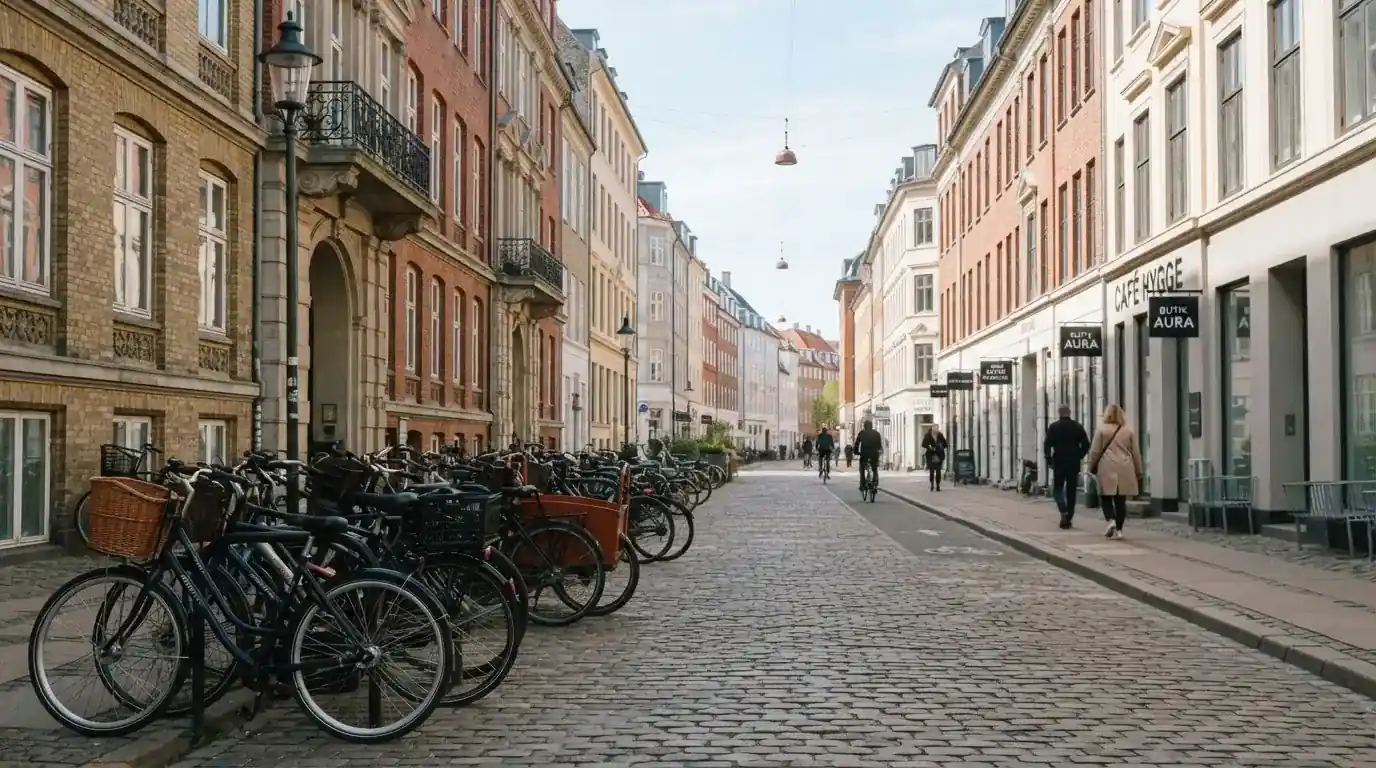 Københavnsk gade med klassiske bygninger og cyklister i klart vejr, set fra fortovet.
