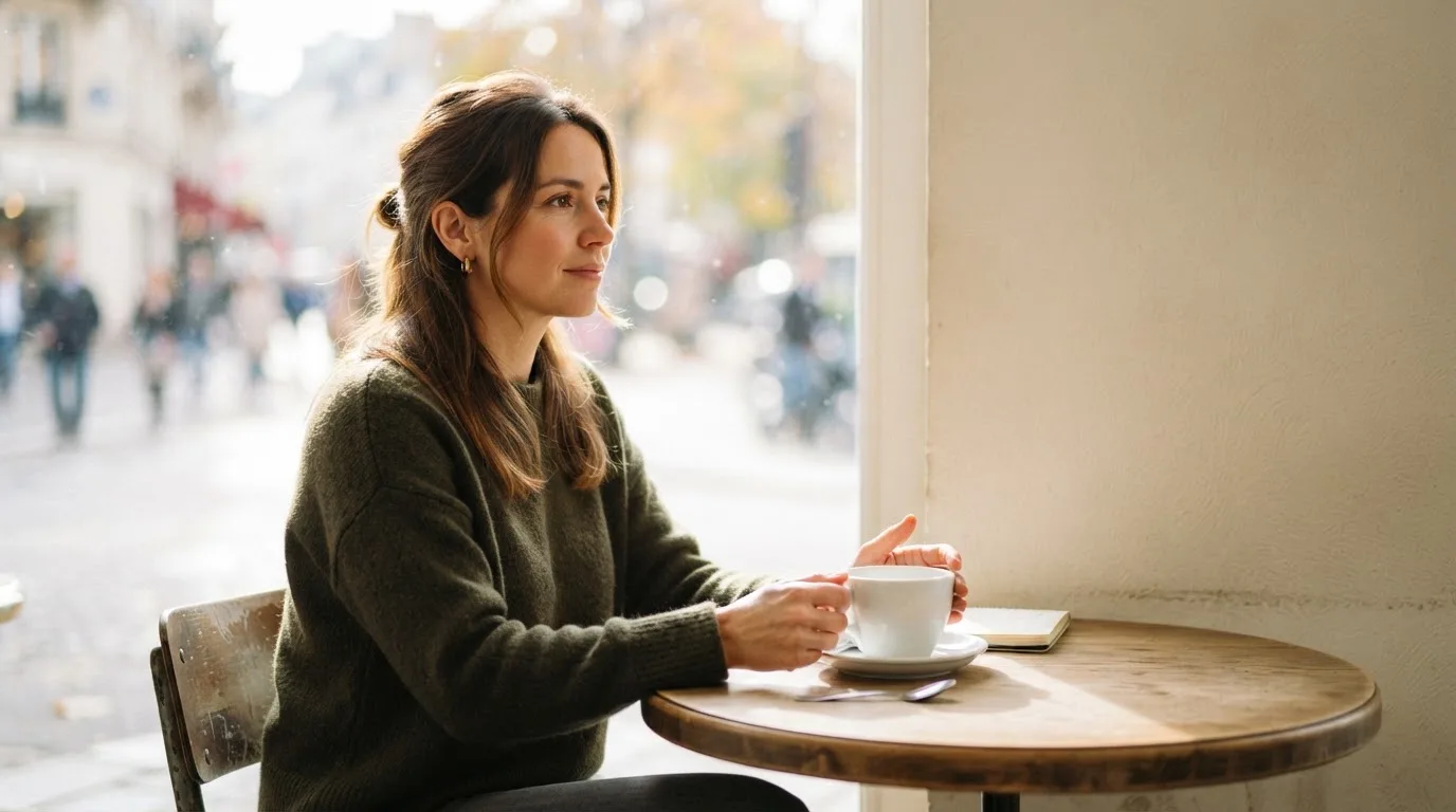 Kvinde sidder på en café med en kop te og kigger tænksomt ud ad vinduet i blødt dagslys.