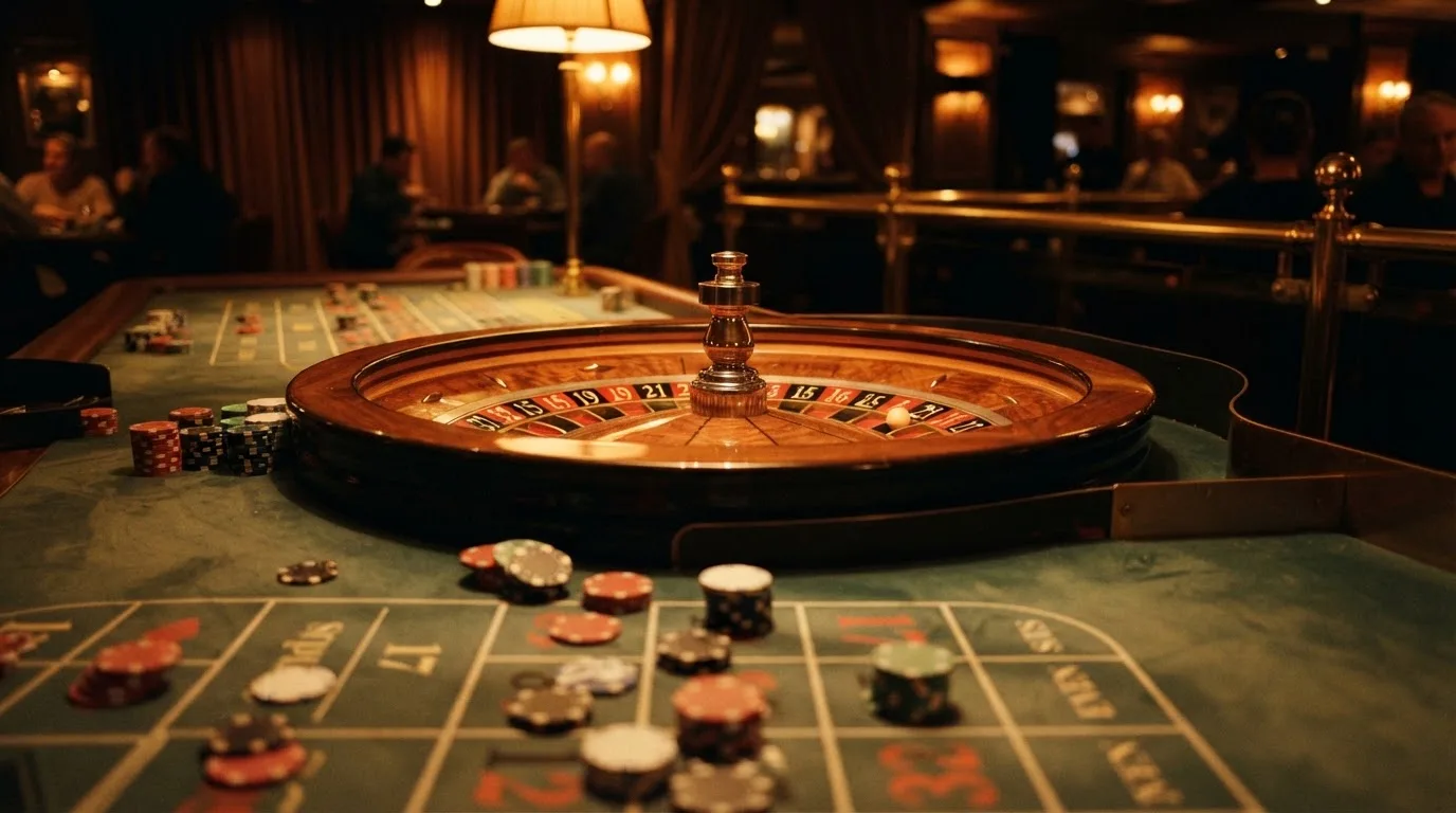 Roulettehjul og spillemærker på grønt filt i varmt aftenlys — bedste roulette casinoer