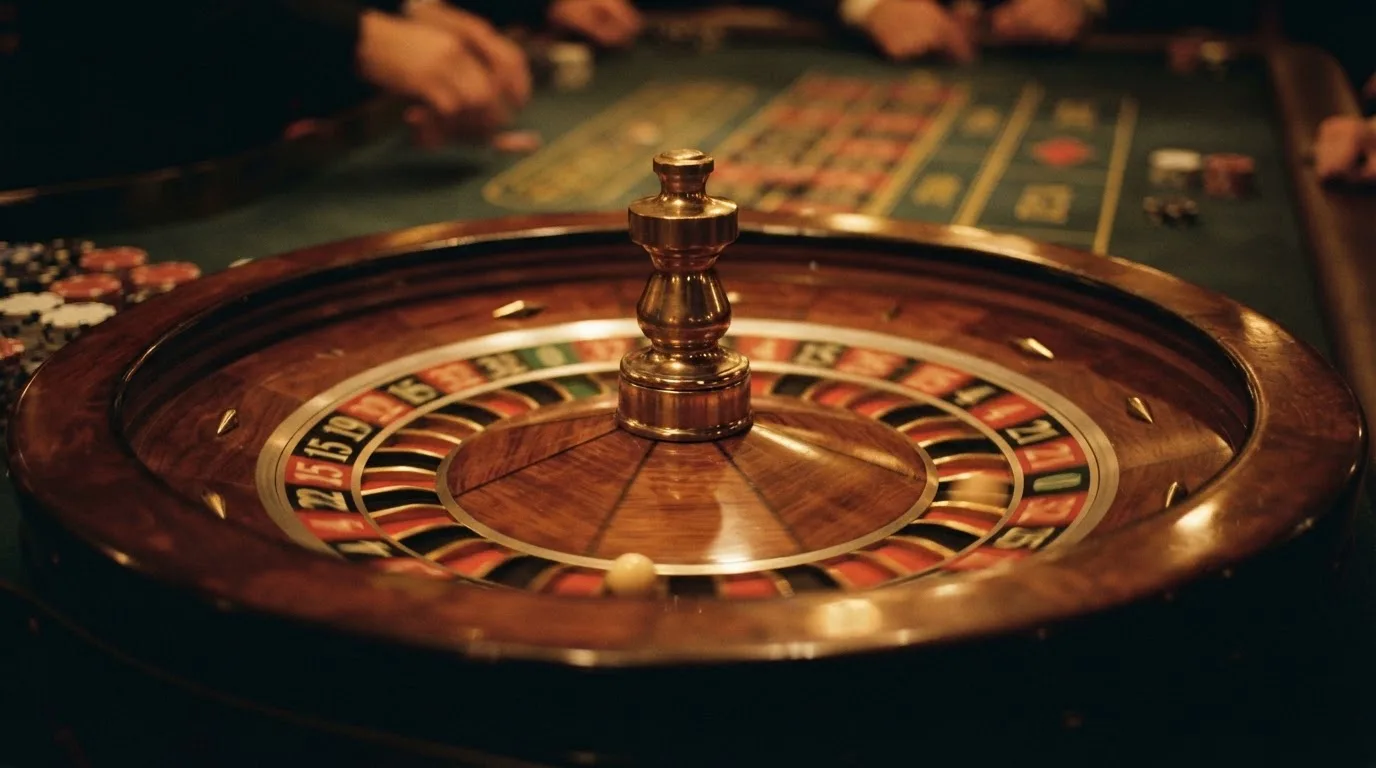 Roulettehjul og spillemærker på grønt filt i varmt aftenlys — bedste slots casinoer