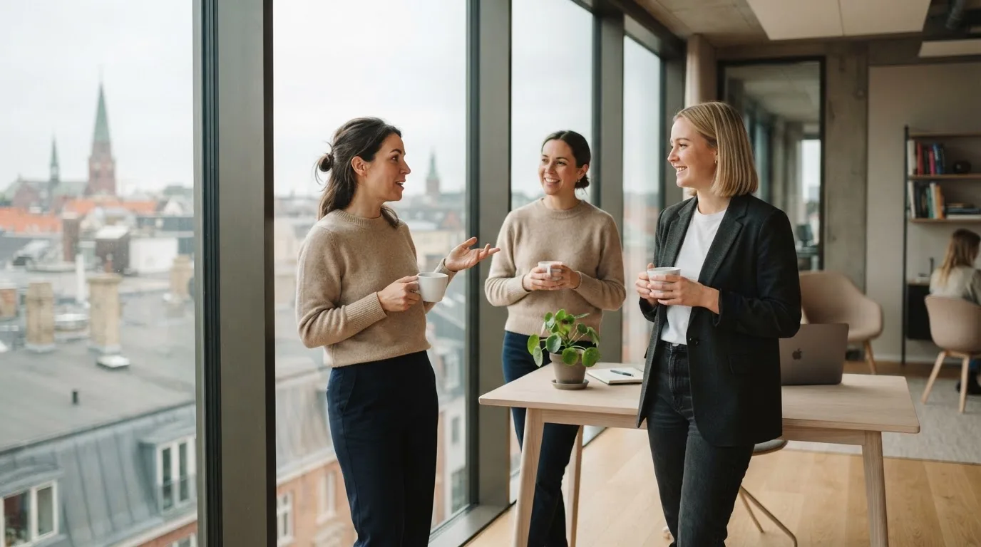 To medarbejdere står ved et stort vindue i et lyst kontor i København og taler sammen med kaffekopper i hænderne.