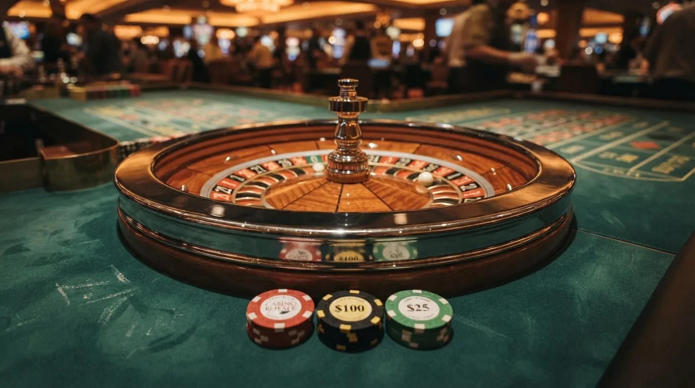 Roulettehjul og spillemærker på grønt filt i varmt aftenlys — casino bonus til eksisterende kunder