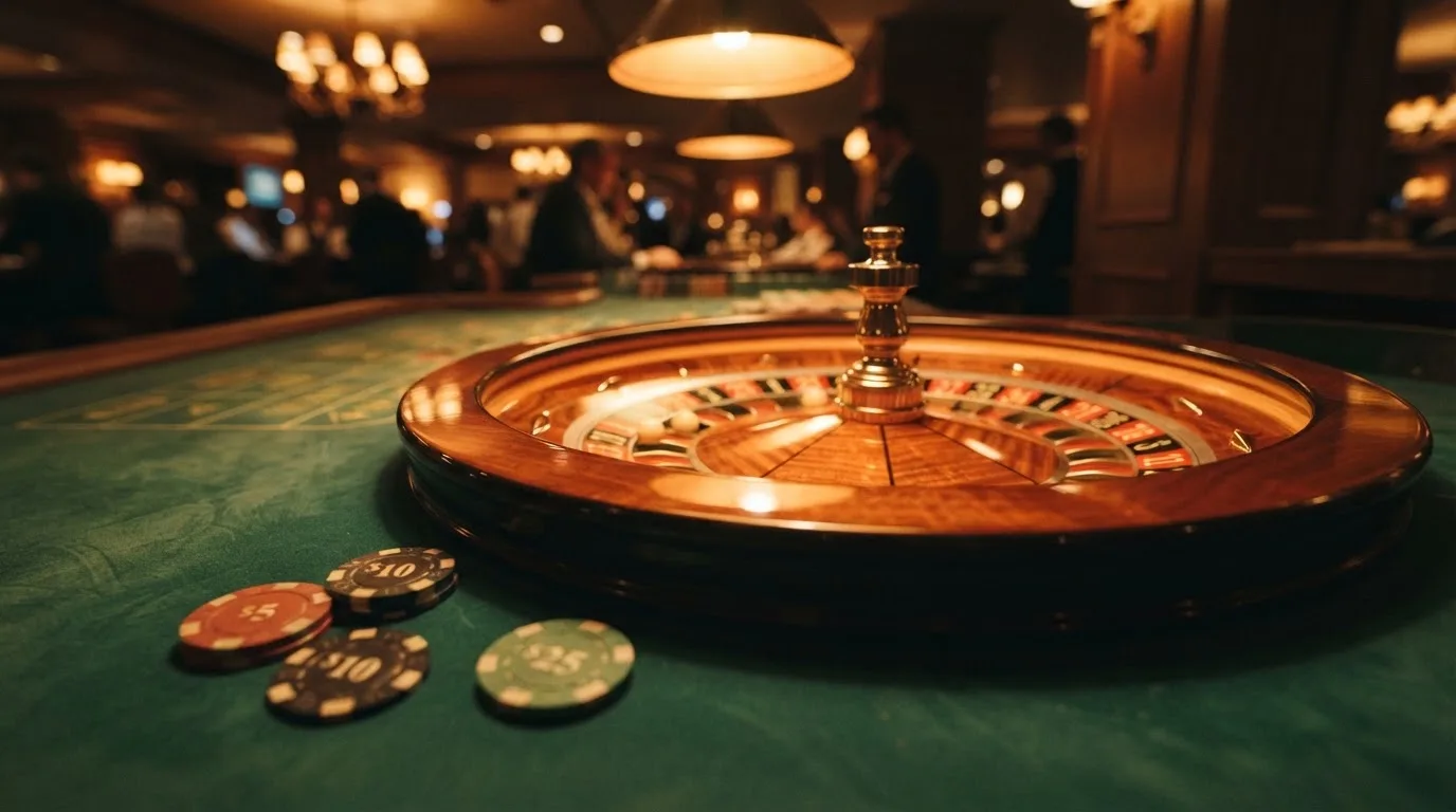 Roulettehjul og spillemærker på grønt filt i varmt aftenlys — casino bonus uden indskud dk