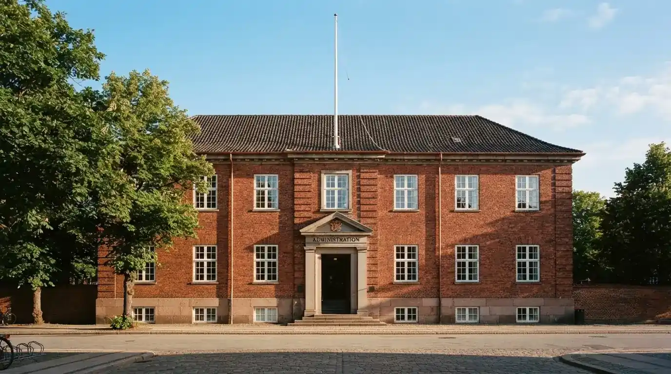 Facade af en klassisk dansk administrationsbygning i røde mursten med flagstang under blå himmel, uden personer.