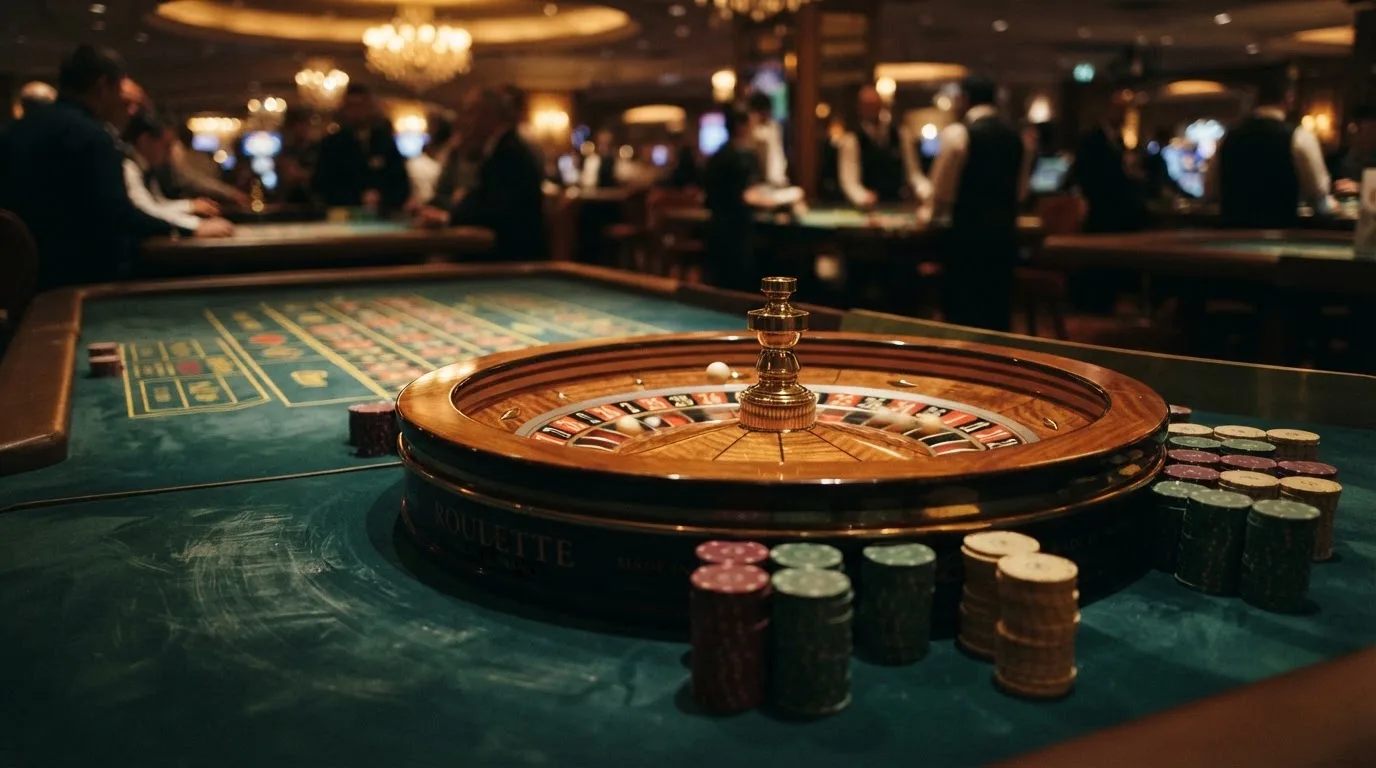 Roulettehjul og spillemærker på grønt filt i varmt aftenlys — casino med cardano i danmark