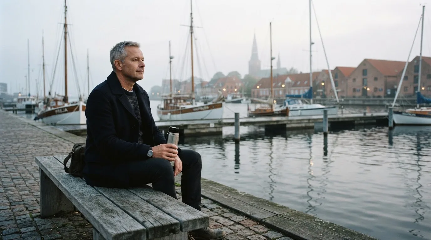 En mand sidder på en bænk ved havnen en tidlig morgen og ser ud over vandet med en termokop i hånden.