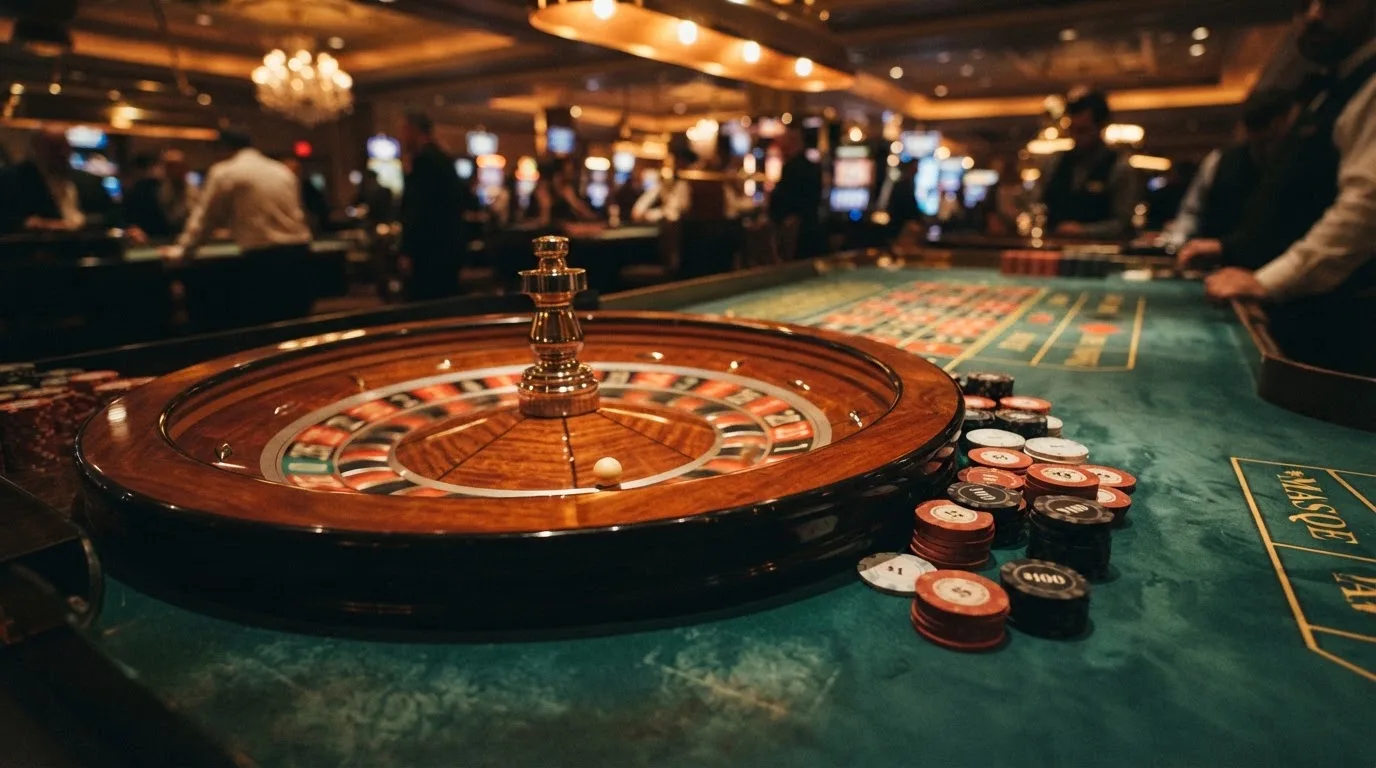 Roulettehjul og spillemærker på grønt filt i varmt aftenlys — casino med dogecoin i danmark
