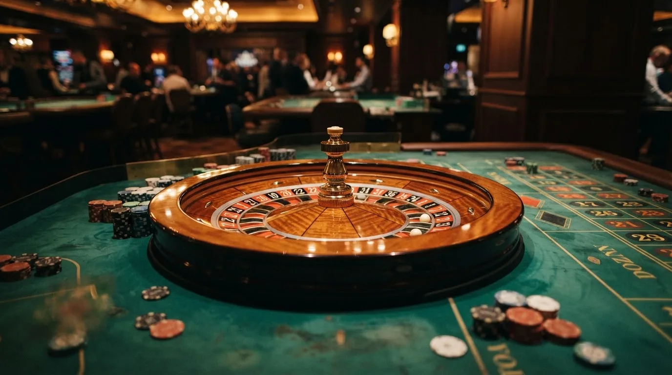 Roulettehjul og spillemærker på grønt filt i varmt aftenlys — casino med högst rtp