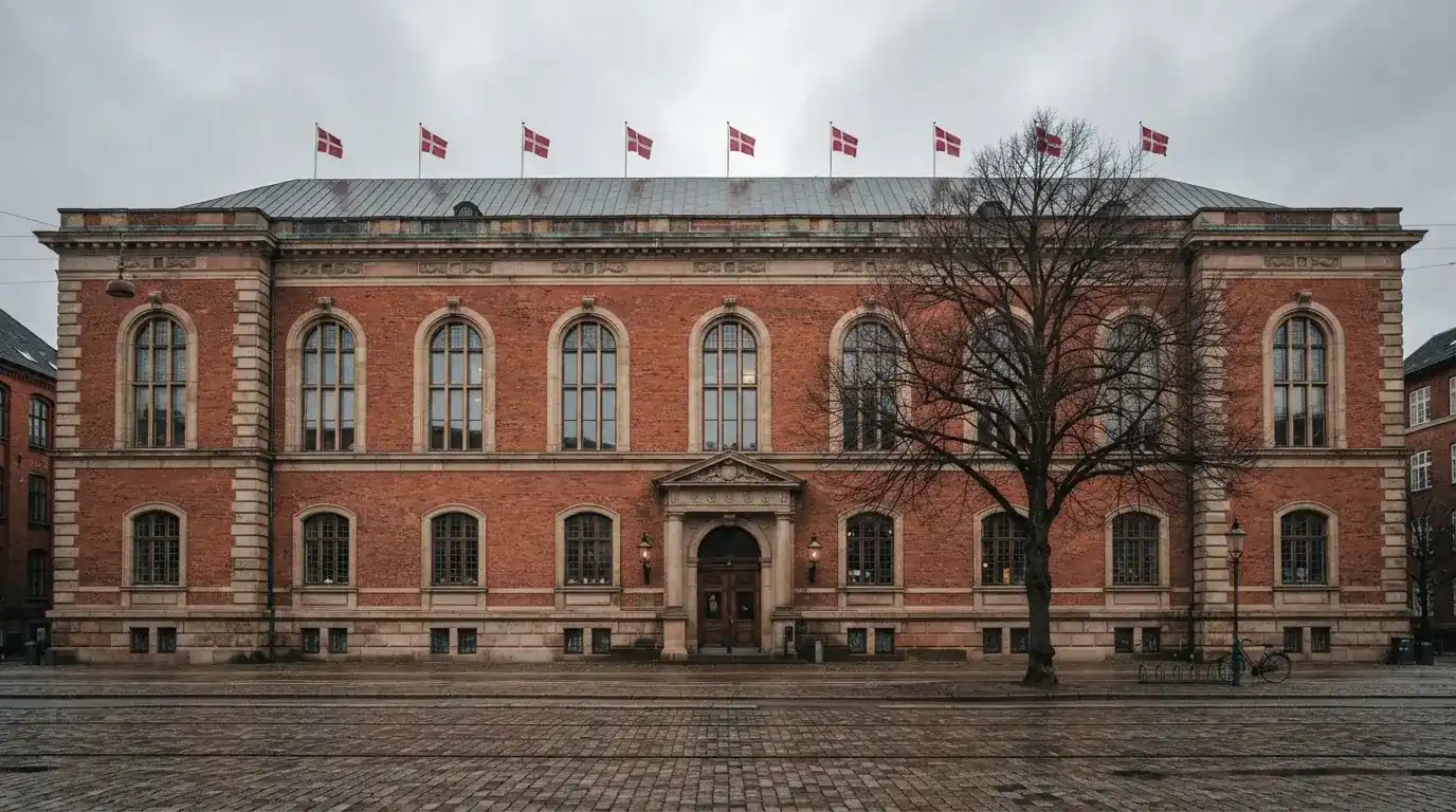 Facade af en gammel administrationsbygning i røde mursten med høje vinduer under skyet himmel, uden personer.