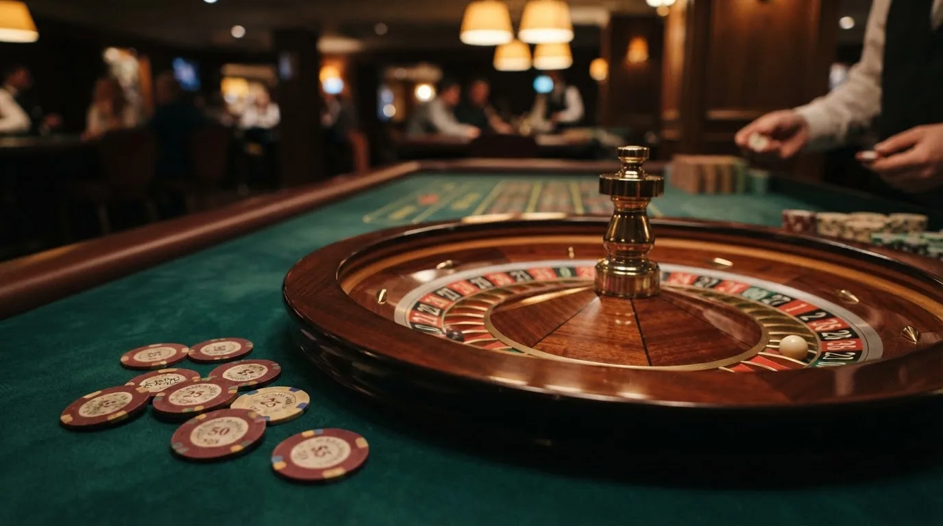 Roulettehjul og spillemærker på grønt filt i varmt aftenlys — casino på mobilen i danmark