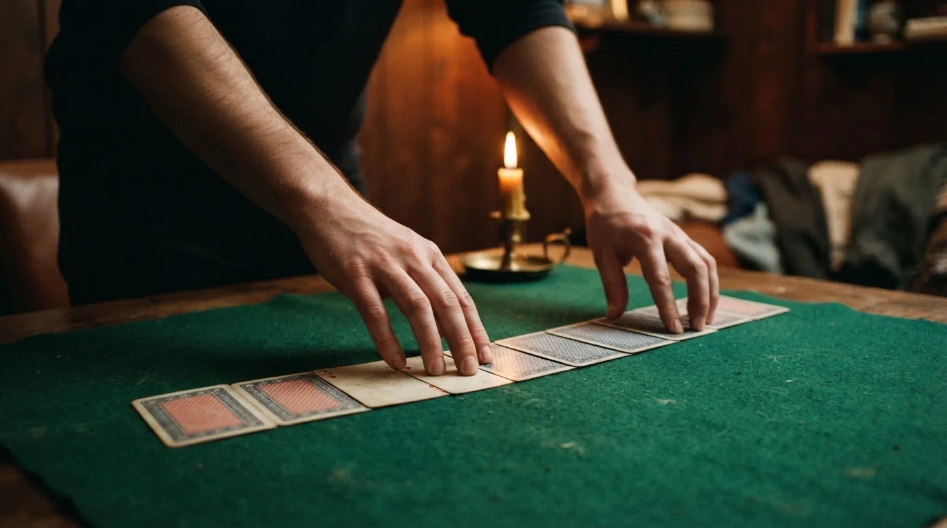 Hænder deler kort ud på et grønt filtbord i et hyggeligt rum, med et stearinlys i baggrunden.