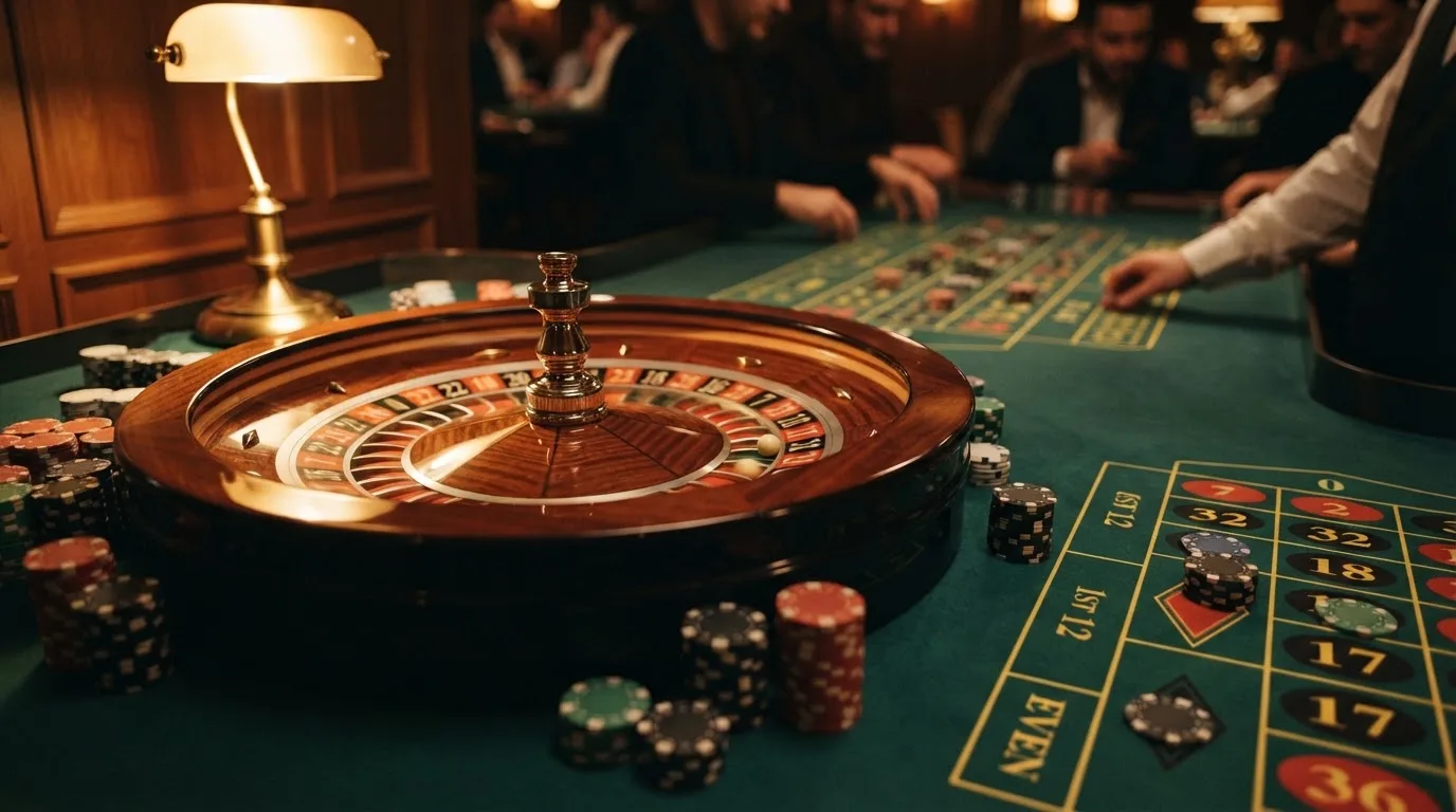 Roulettehjul og spillemærker på grønt filt i varmt aftenlys — casino uden dansk licens