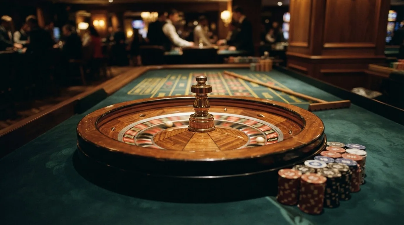 Roulettehjul og spillemærker på grønt filt i varmt aftenlys — dansk live roulette