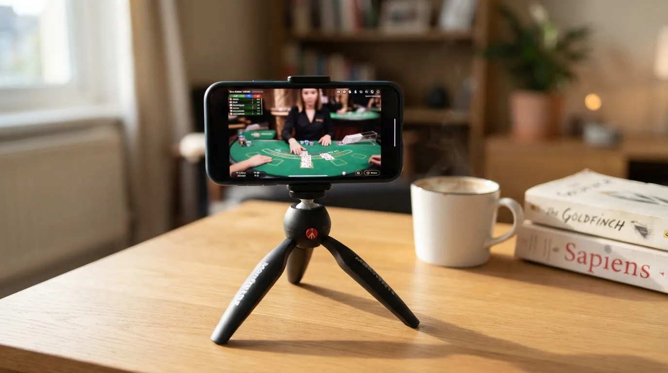 En smartphone på et stativ viser en uskarp videostream af et spillebord, mens en kaffekop står ved siden af på et skrivebord.