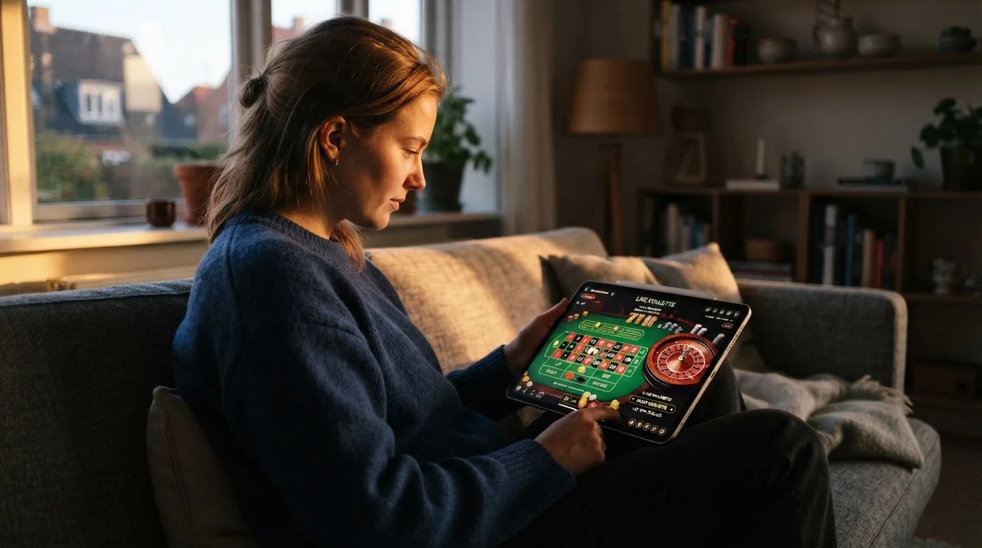 Ung person sidder på en sofa i en stue og holder en tablet med begge hænder, mens aftenlys falder ind gennem vinduet.