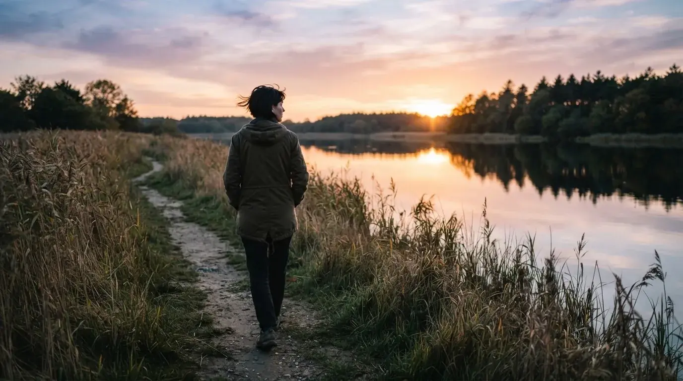 Person går tur langs en rolig sø ved solnedgang med hænderne i lommerne og mobilen lagt væk, afslappet og eftertænksom.
