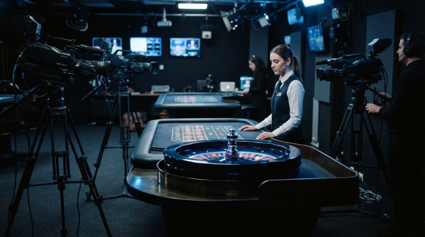 Kameraer på stativer og et roulettehjul midt i et mørkt livecasino-studie med en dealer i uniform, set fra siden i blåligt lys.