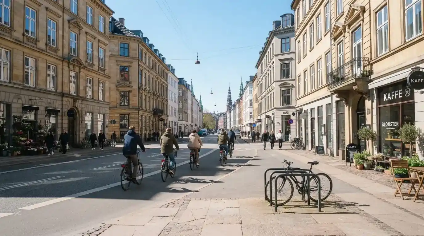 Københavnsk gade med klassiske sandstensbygninger og cyklister i klart vejr, set fra fortovet.
