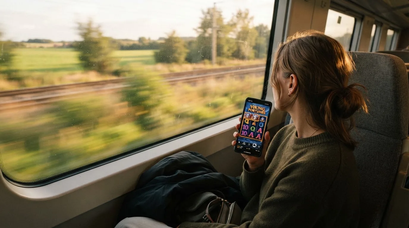 Kvinde på toget ser ud ad vinduet med mobilen i hånden, mens landskabet suser forbi i eftermiddagslys.
